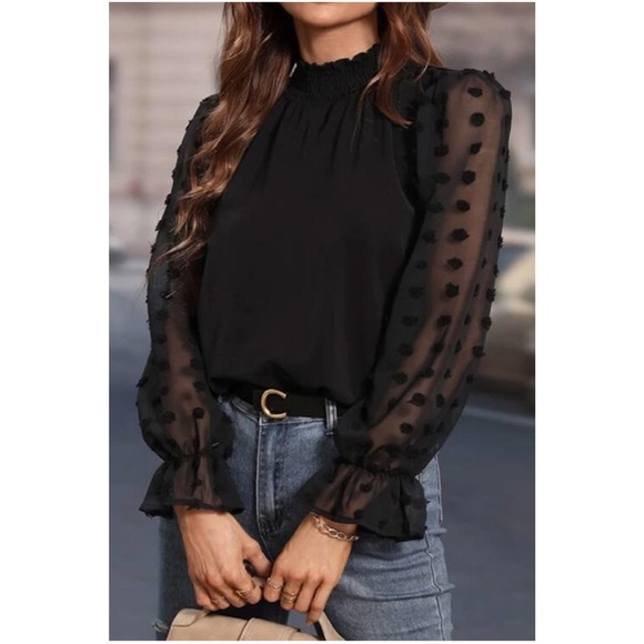 BellanBlue Tops - 035 Black Swiss Dot Ruffle Sheer Sleeve Blouse
